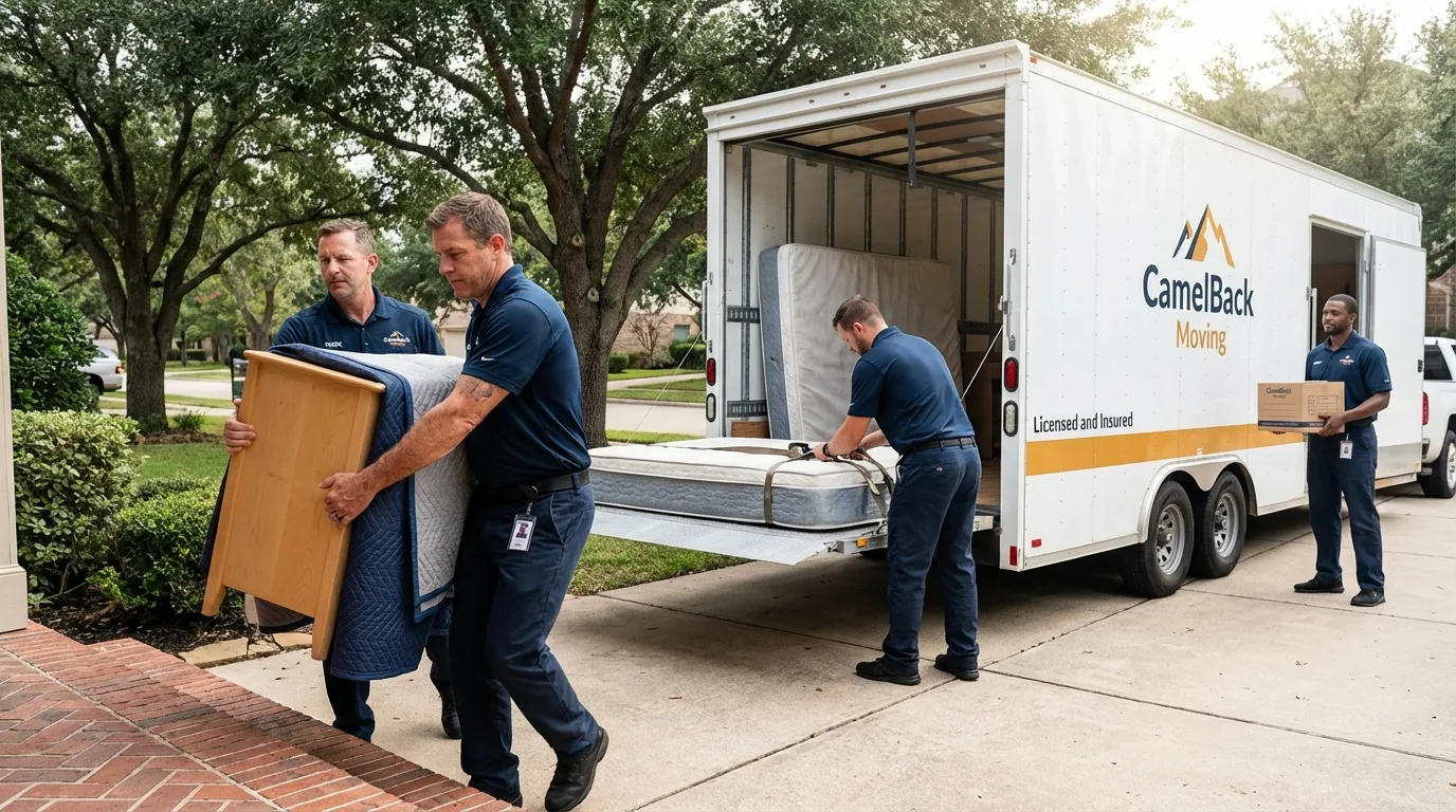 Crew loading residential truck for cross-state move from Stratford, TX