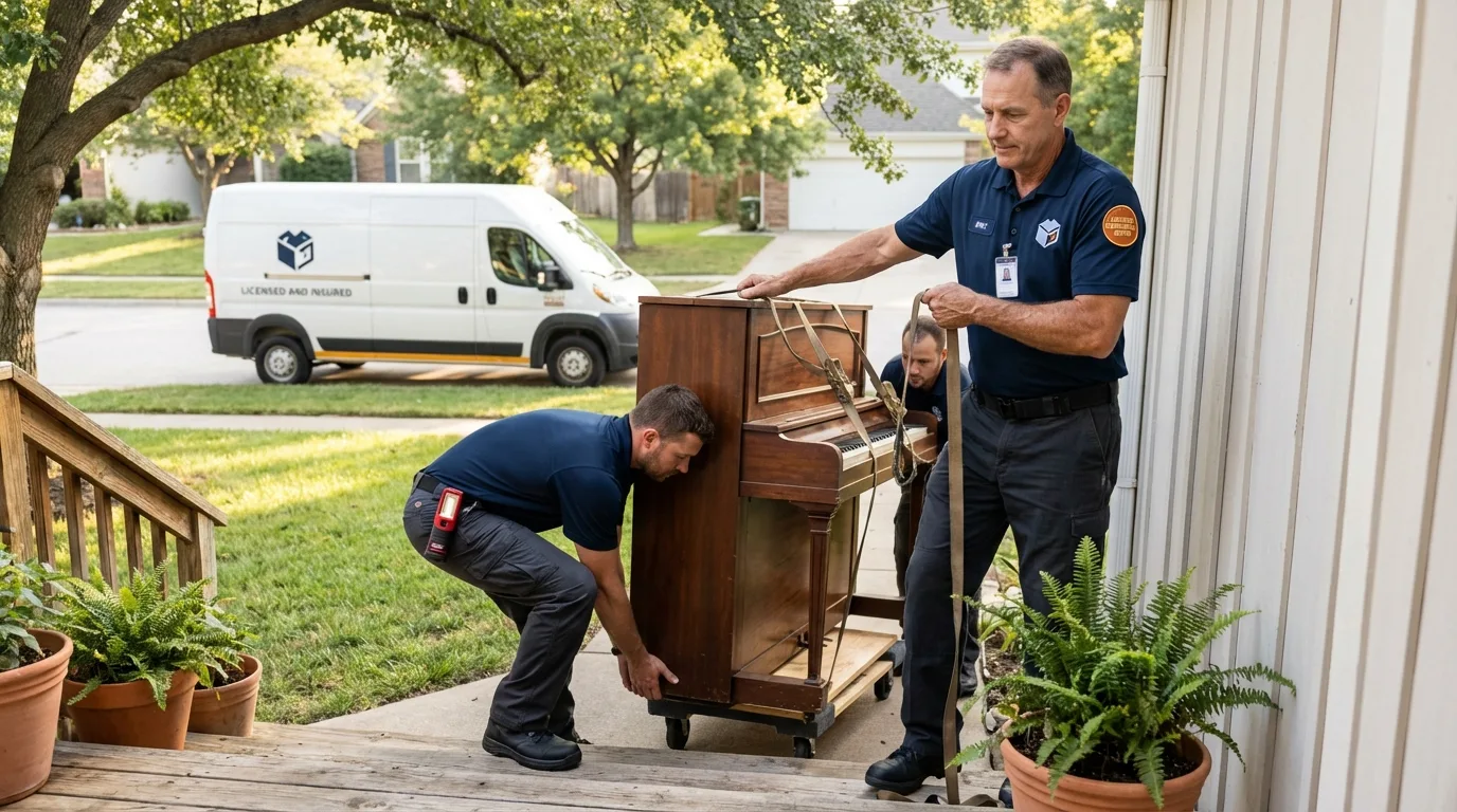 Licensed piano movers securing grand piano in Stratford, TX