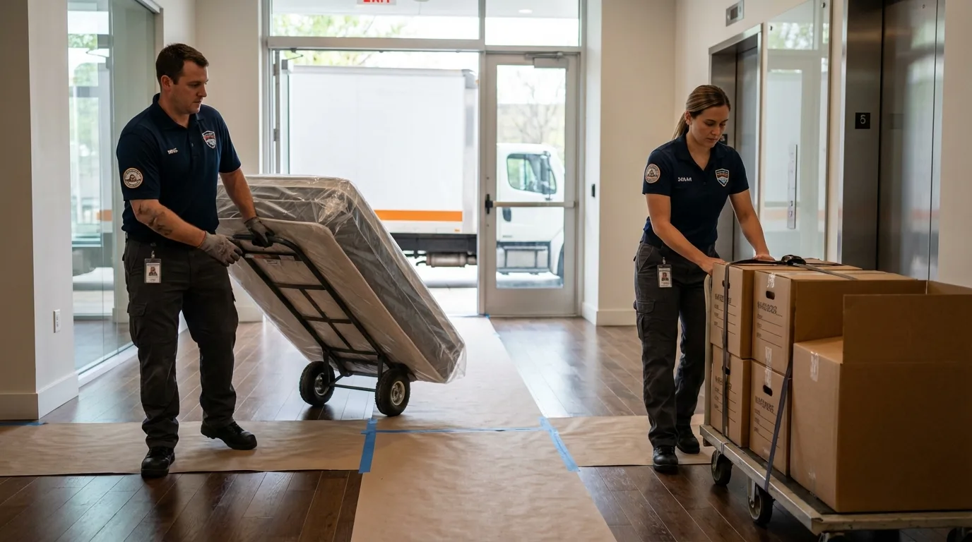 Professional apartment movers loading elevator in Stratford, TX